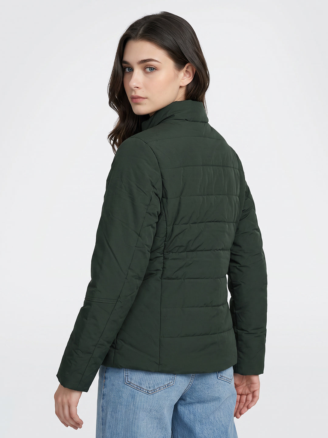 Women Green Solid Stand Collar Full Sleeve Bomber Jacket