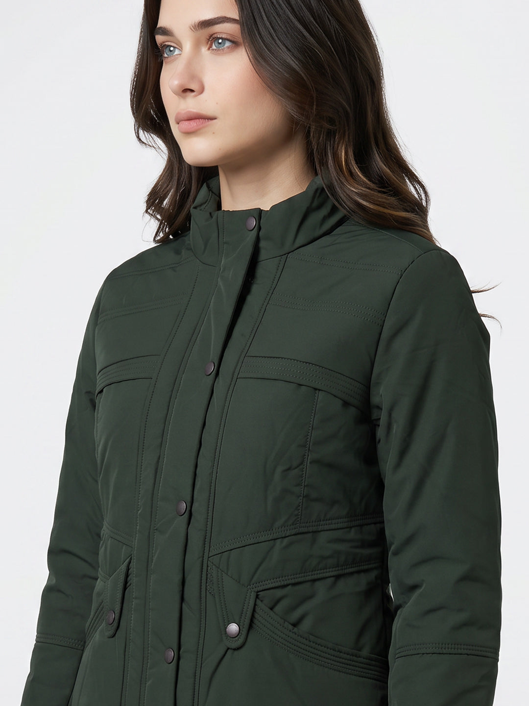 Women Green Solid Stand Collar Full Sleeve Bomber Jacket