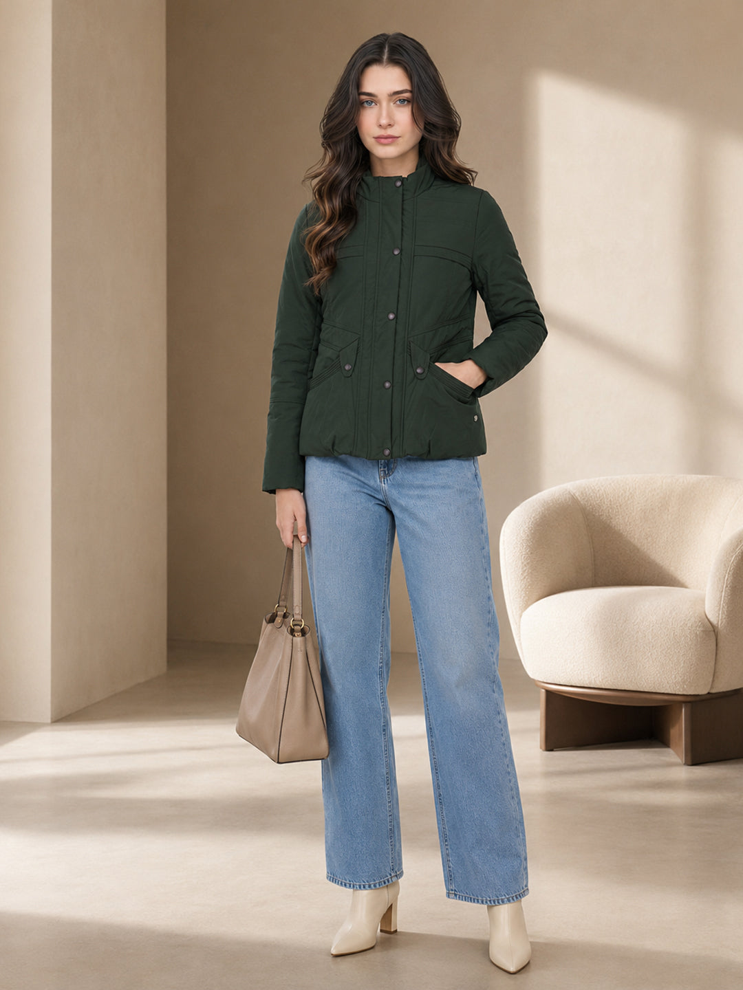 Women Green Solid Stand Collar Full Sleeve Bomber Jacket