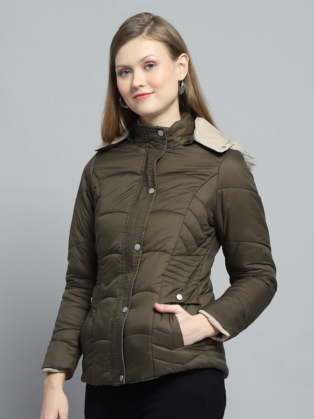 Women Olive Self Design Detachable Hood Full Sleeve Jacket