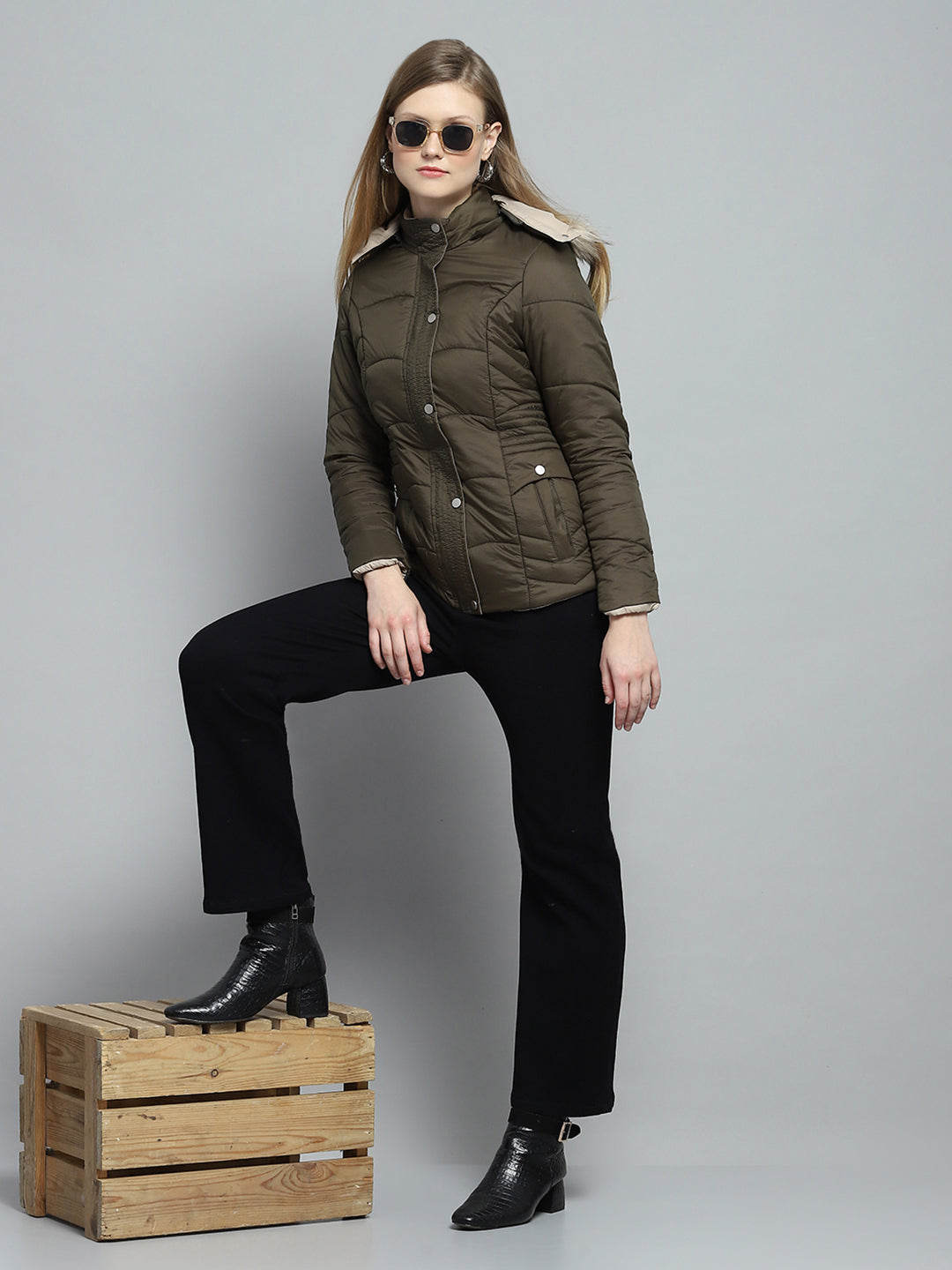 Women Olive Self Design Detachable Hood Full Sleeve Jacket