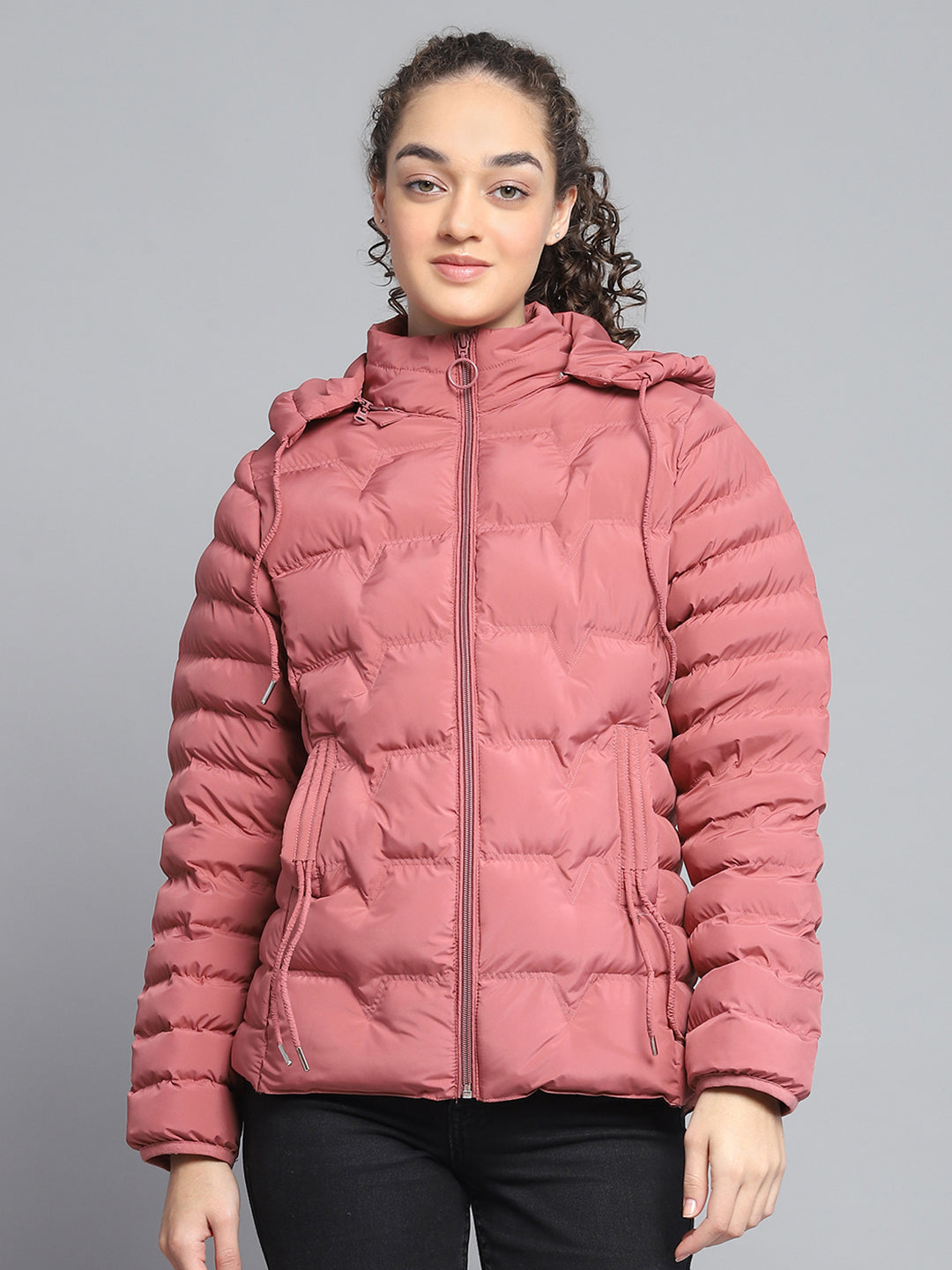 Women Pink Solid Detachable Hood Full Sleeve Jacket