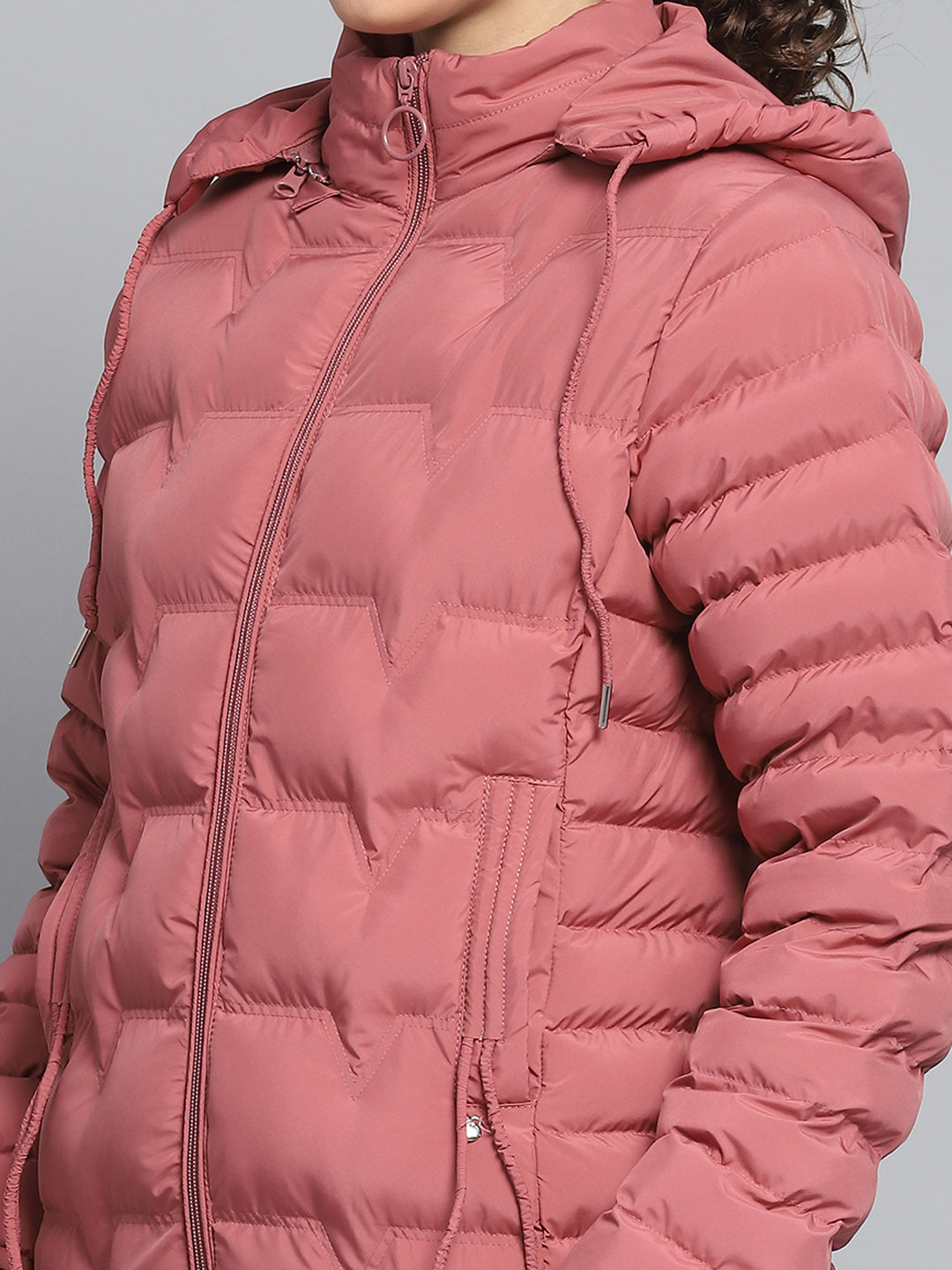 Women Pink Solid Detachable Hood Full Sleeve Jacket