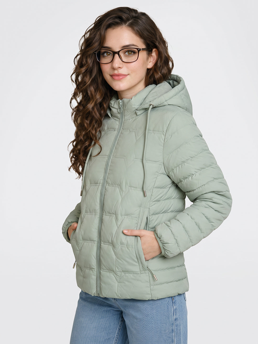 Women Light Green Solid Detachable Hood Full Sleeve Puffer Jacket