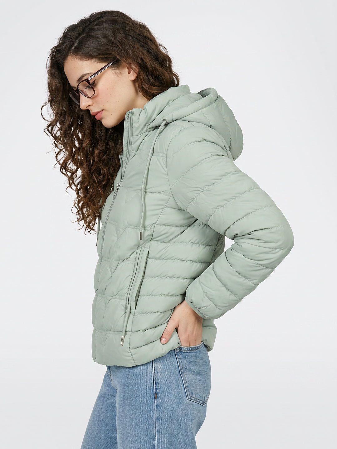 Women Light Green Solid Detachable Hood Full Sleeve Puffer Jacket