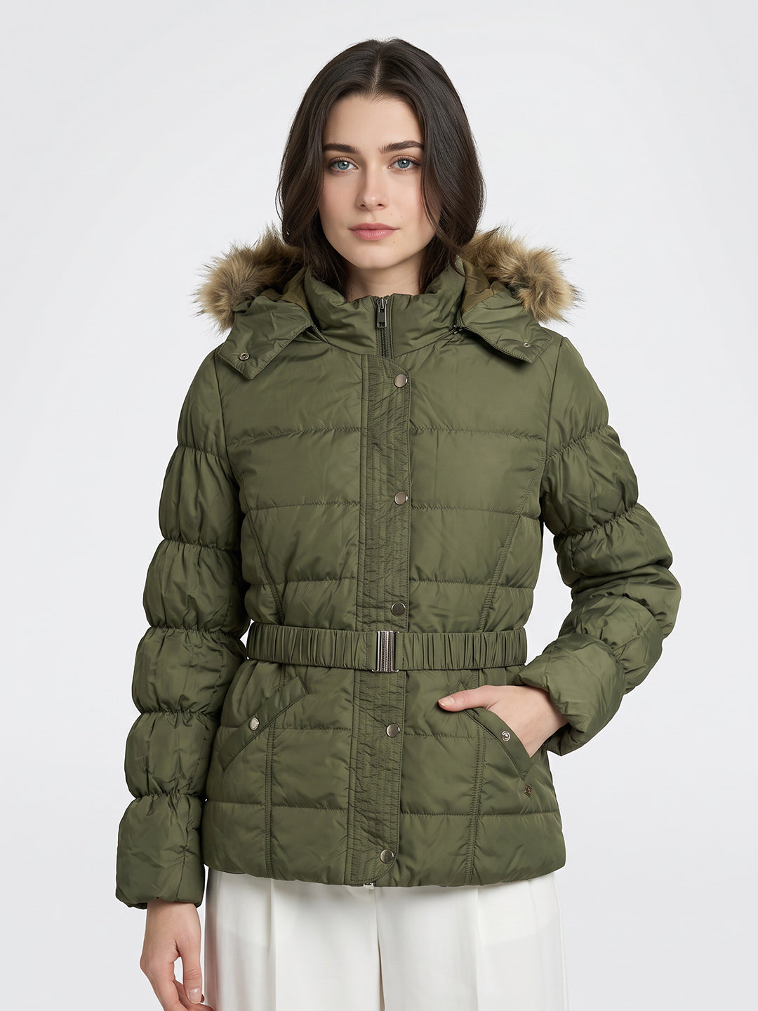 Women Olive Solid Hooded Full Sleeve Tie-Belt Puffer Jacket
