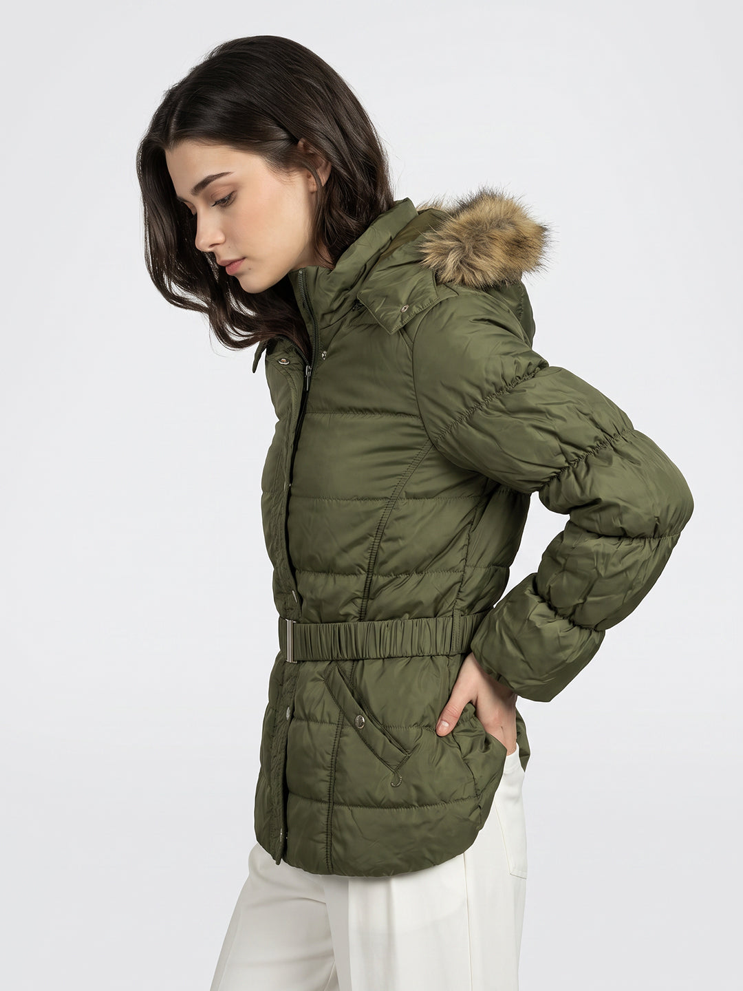 Women Olive Solid Hooded Full Sleeve Tie-Belt Puffer Jacket
