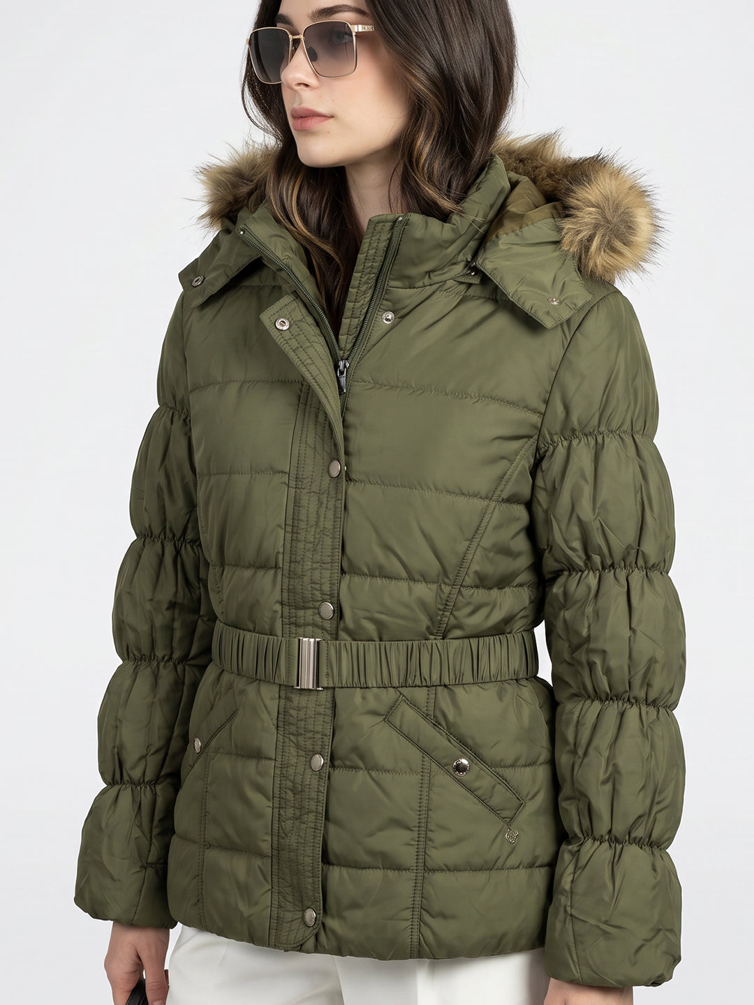 Women Olive Solid Hooded Full Sleeve Tie-Belt Puffer Jacket