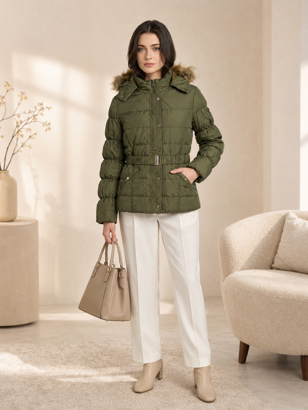 Women Olive Solid Hooded Full Sleeve Tie-Belt Puffer Jacket