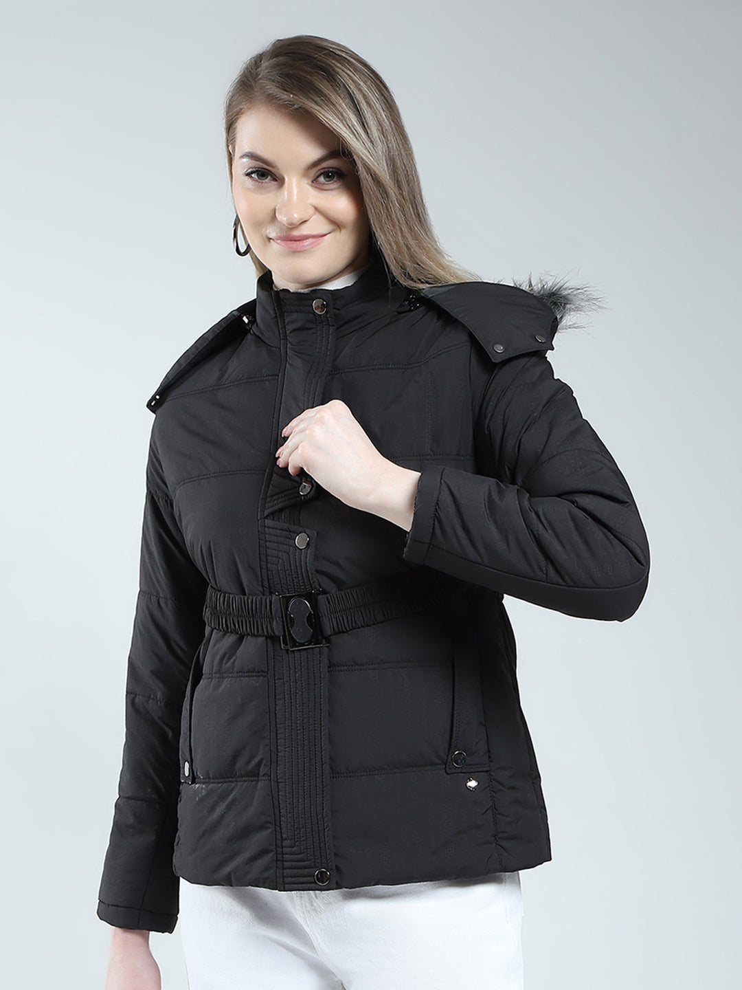 Women Black Self Design Detachable Hood Full Sleeve Jacket
