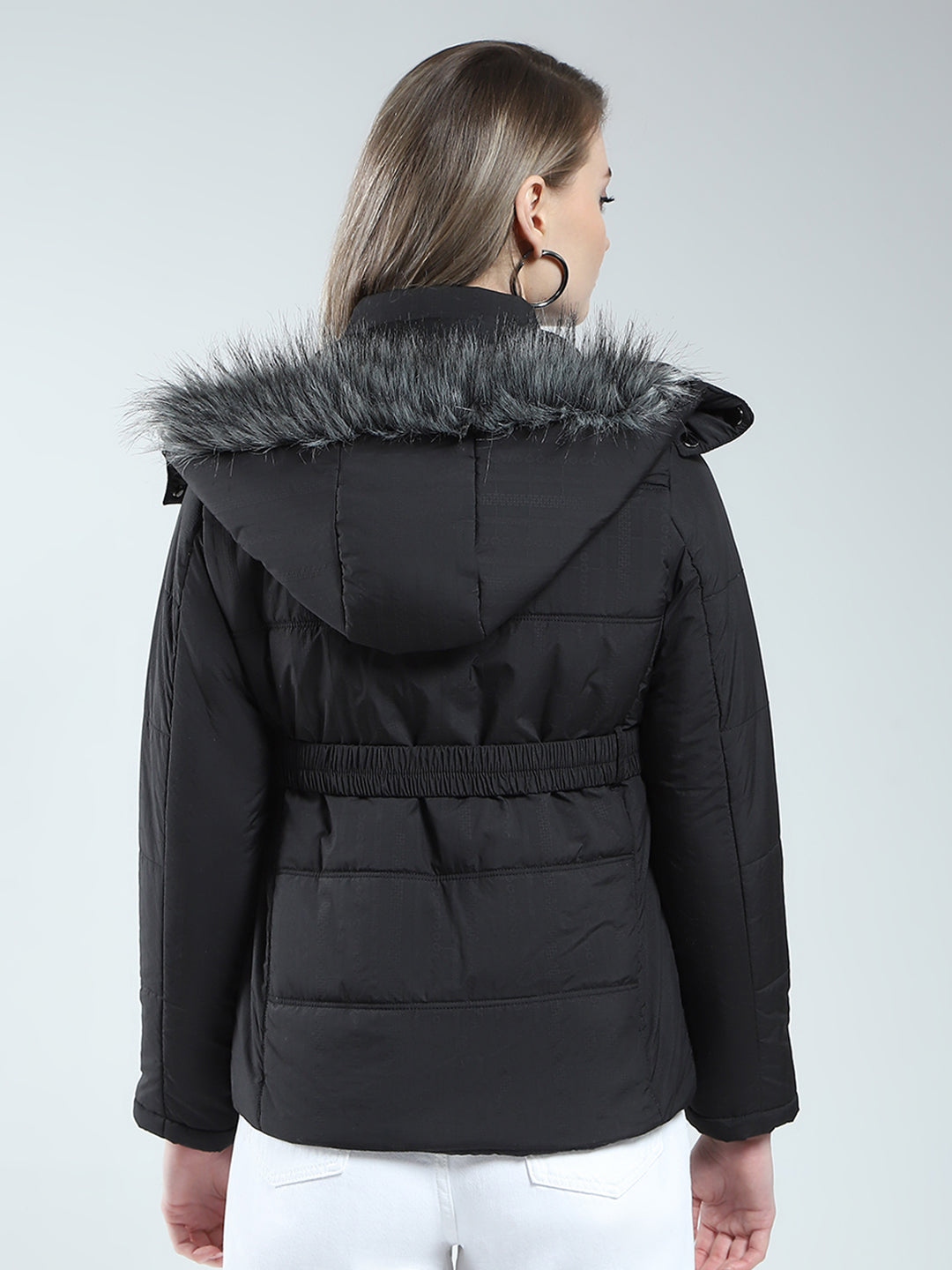 Women Black Self Design Detachable Hood Full Sleeve Jacket