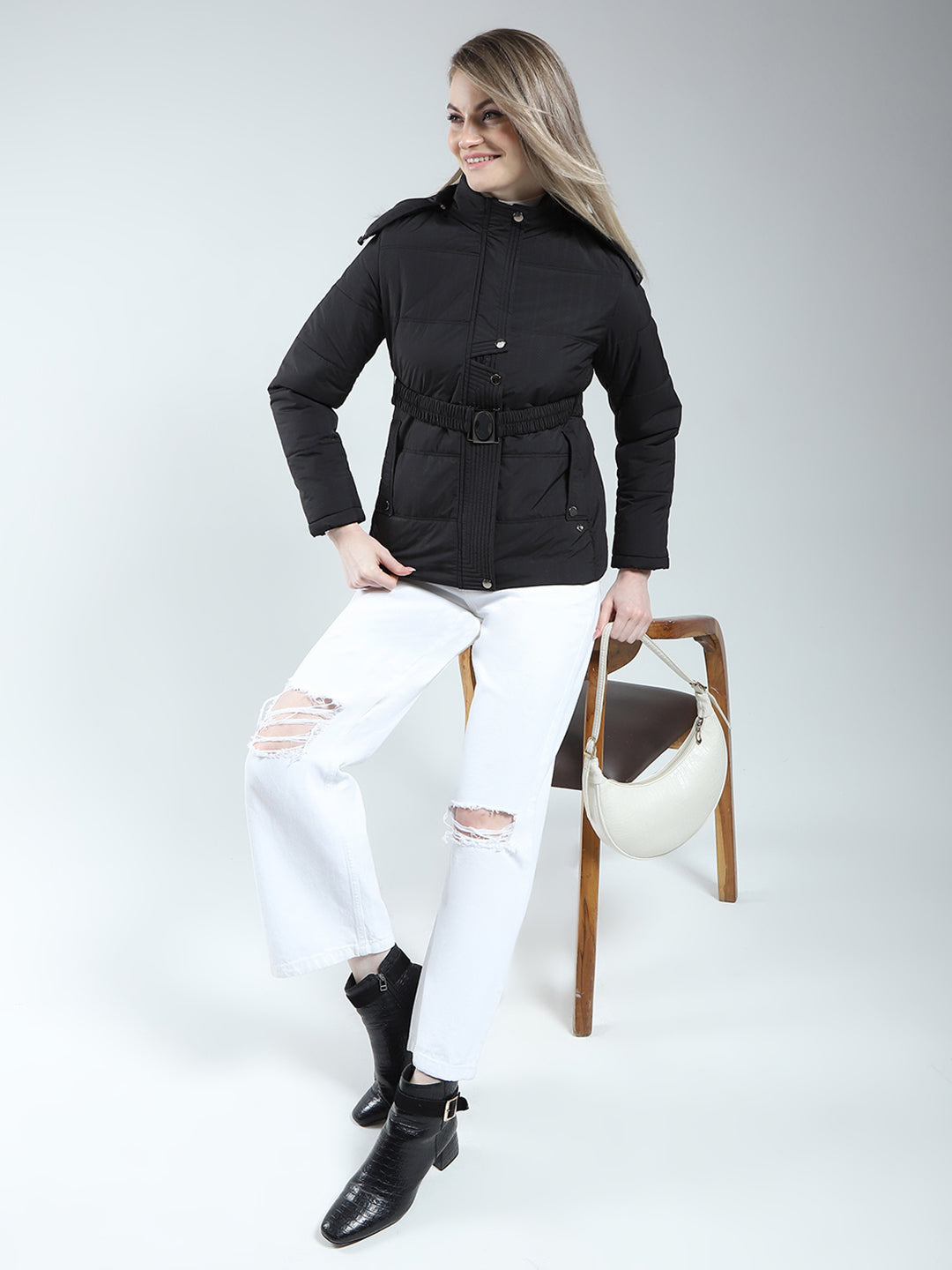 Women Black Self Design Detachable Hood Full Sleeve Jacket