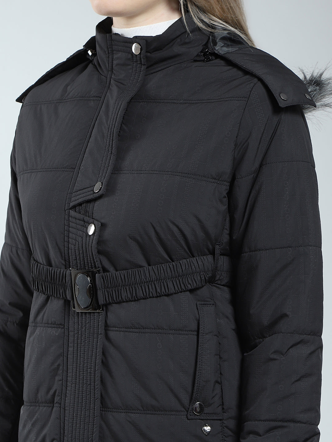 Women Black Self Design Detachable Hood Full Sleeve Jacket