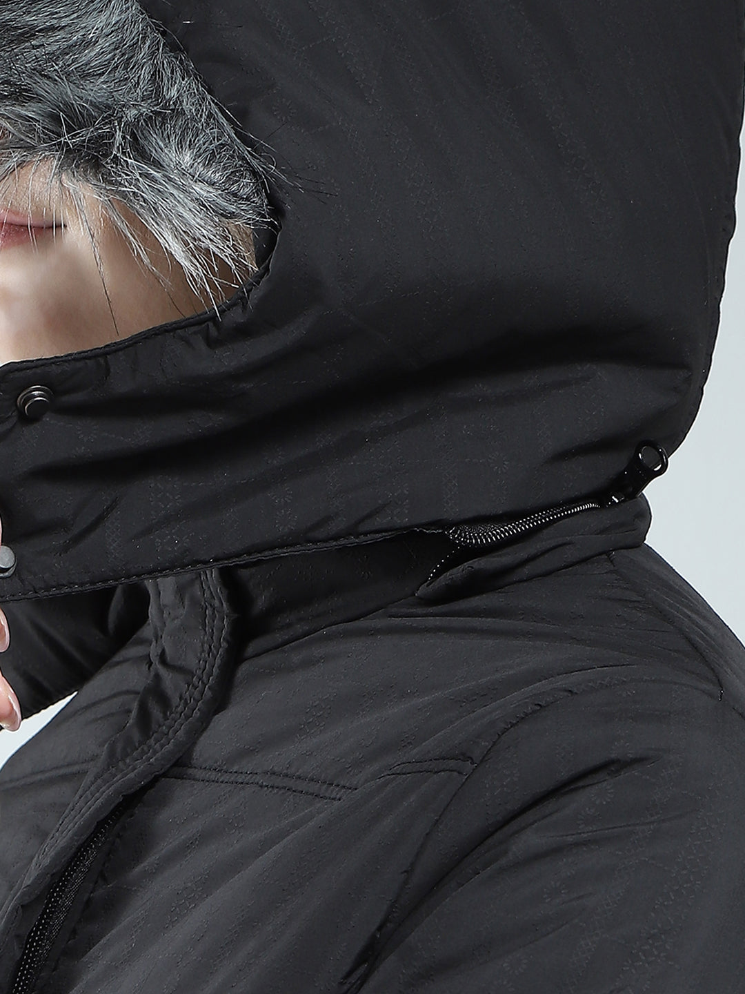 Women Black Self Design Detachable Hood Full Sleeve Jacket