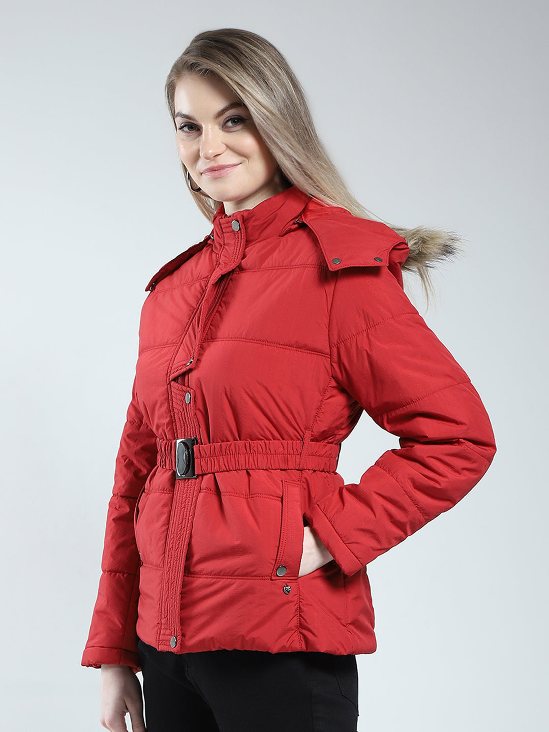 Women Maroon Self Design Detachable Hood Full Sleeve Jacket