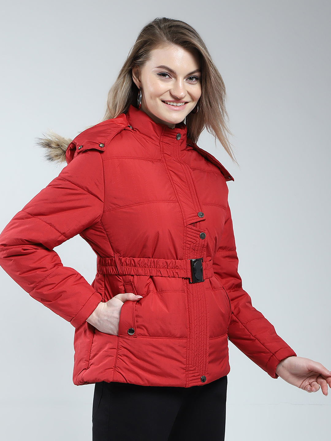 Women Maroon Self Design Detachable Hood Full Sleeve Jacket