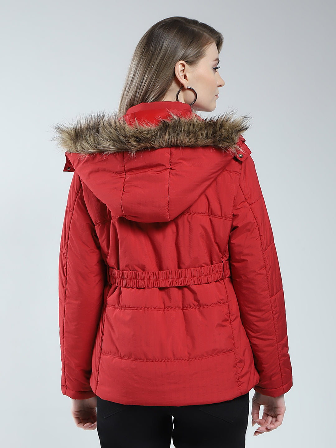 Women Maroon Self Design Detachable Hood Full Sleeve Jacket