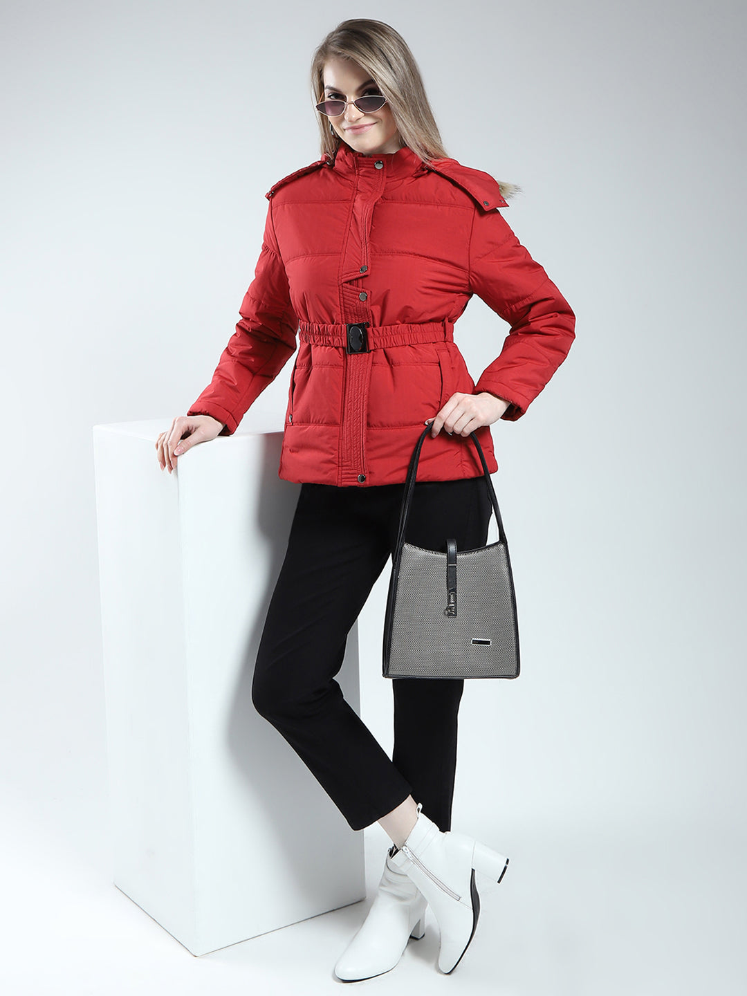 Women Maroon Self Design Detachable Hood Full Sleeve Jacket