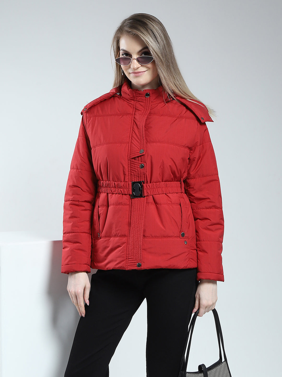 Women Maroon Self Design Detachable Hood Full Sleeve Jacket