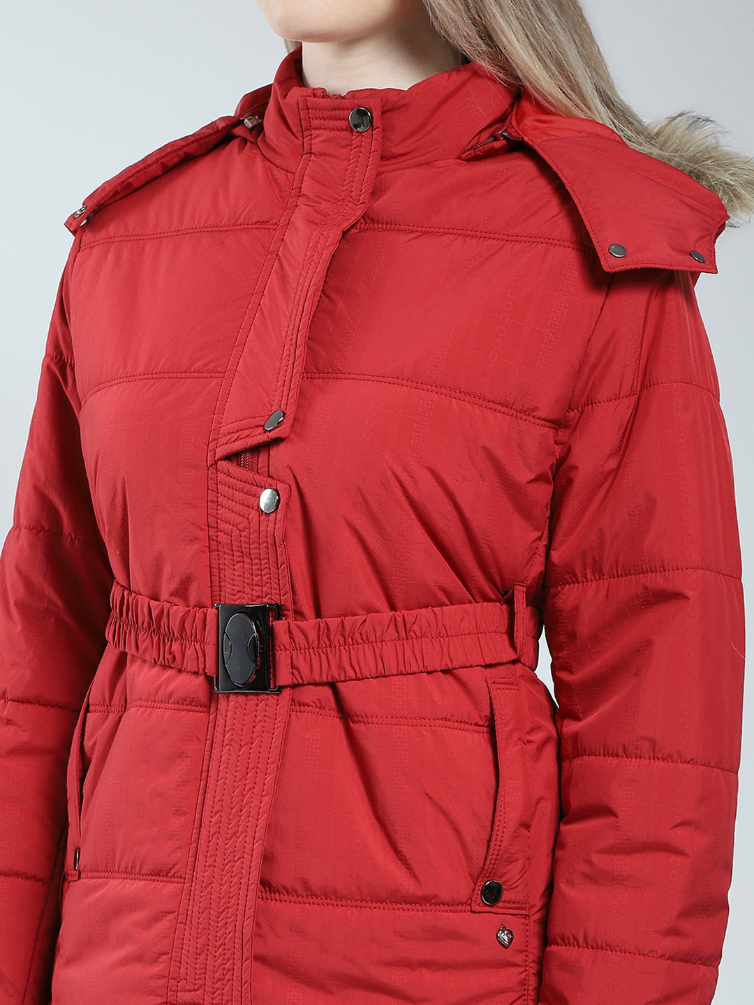 Women Maroon Self Design Detachable Hood Full Sleeve Jacket