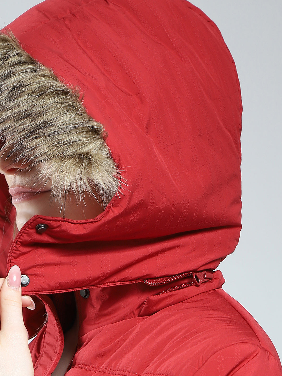 Women Maroon Self Design Detachable Hood Full Sleeve Jacket