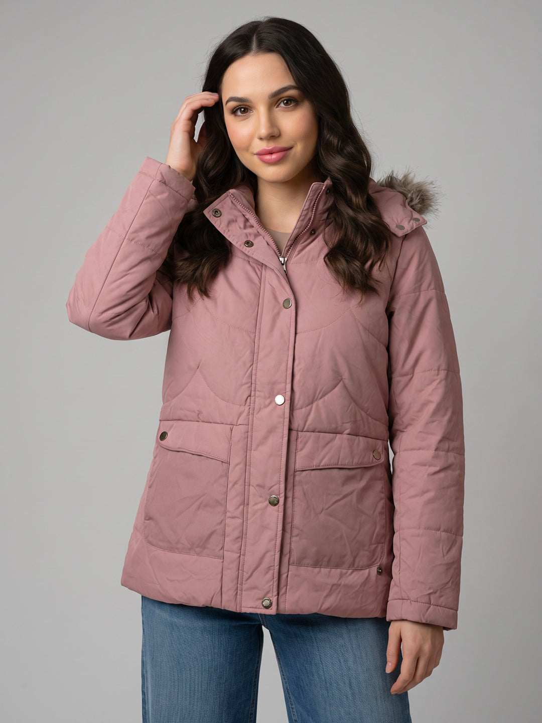 Women Light Pink Solid Detachable Hood Full Sleeve Parka Jacket