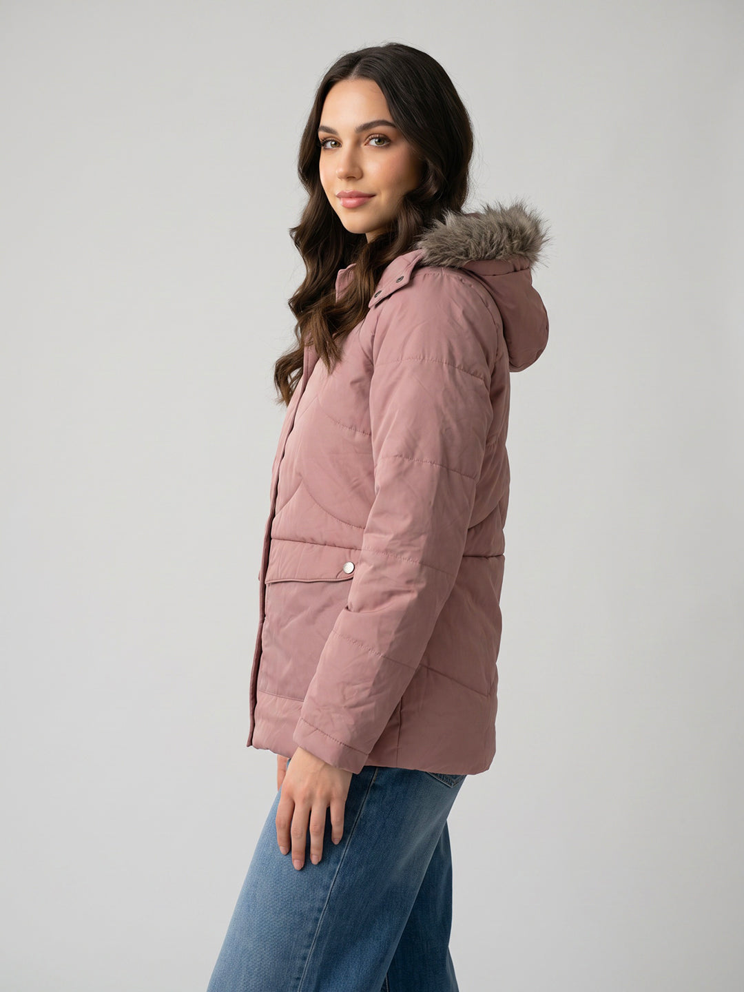 Women Light Pink Solid Detachable Hood Full Sleeve Parka Jacket