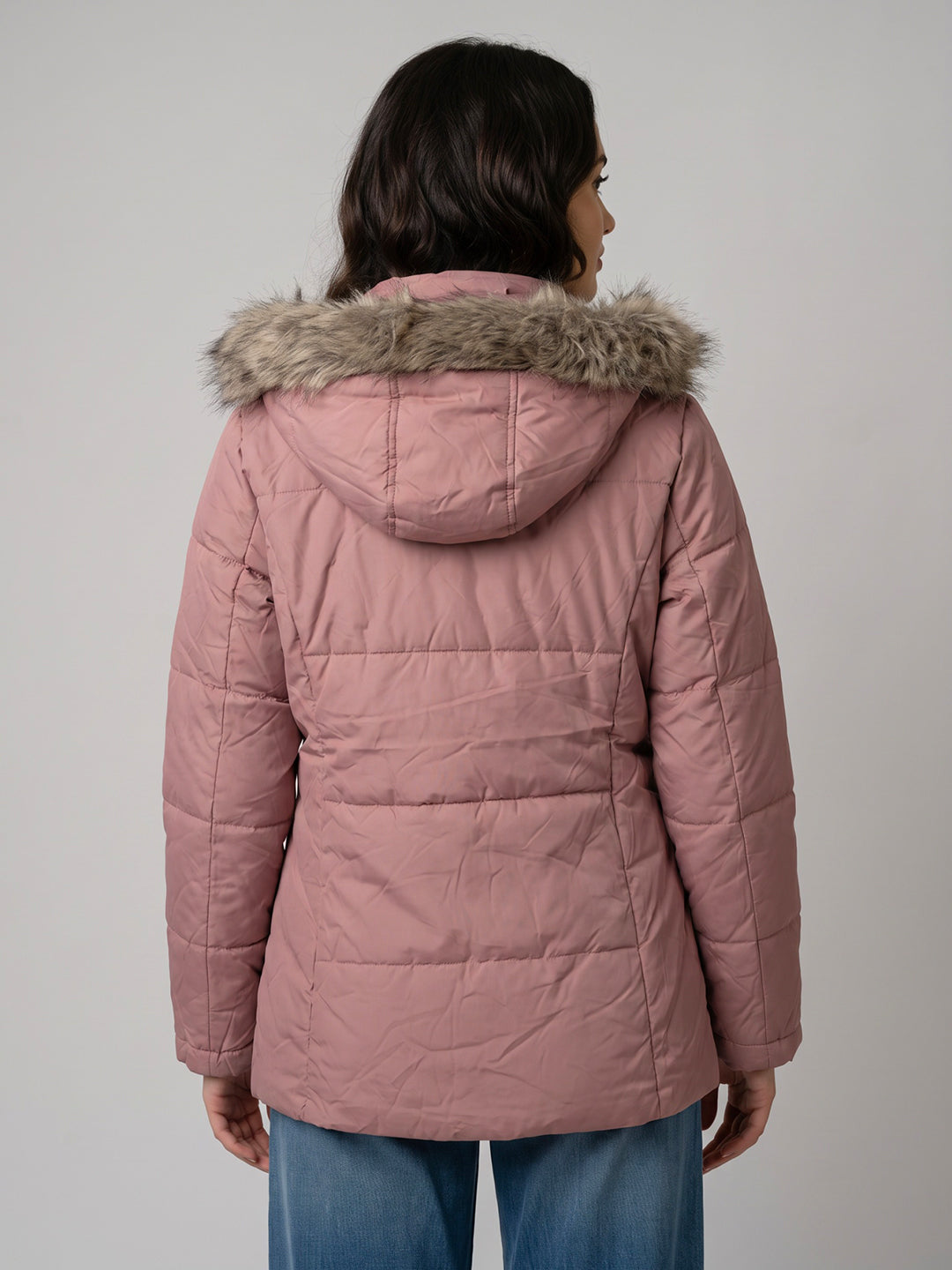 Women Light Pink Solid Detachable Hood Full Sleeve Parka Jacket