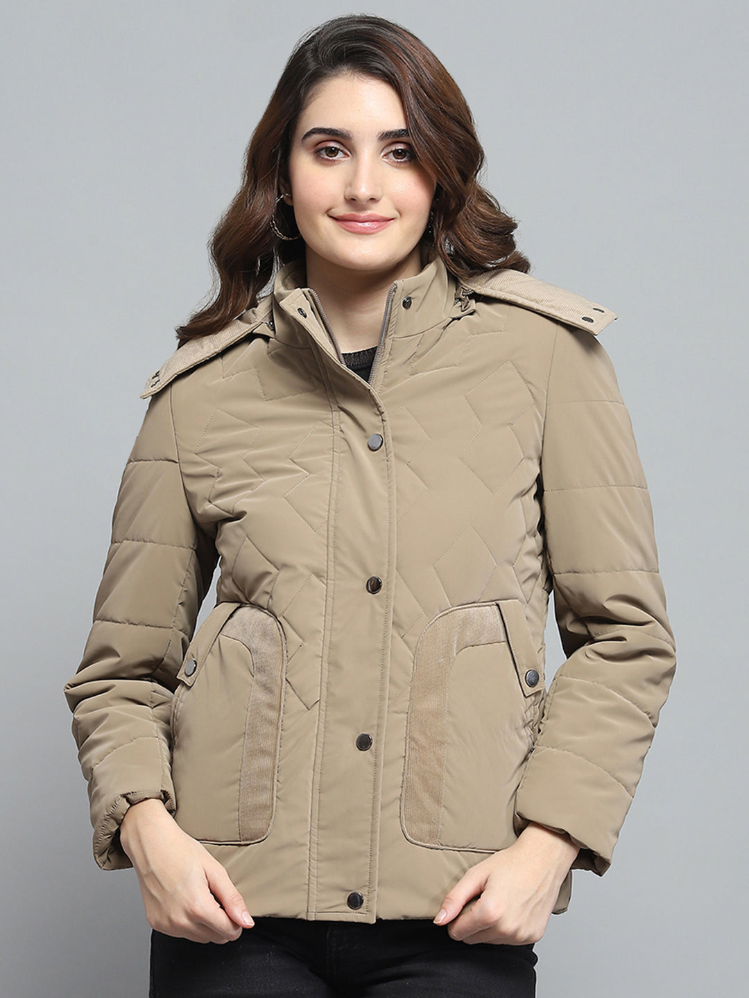 Women Khaki Solid Detachable Hood Full Sleeve Jacket