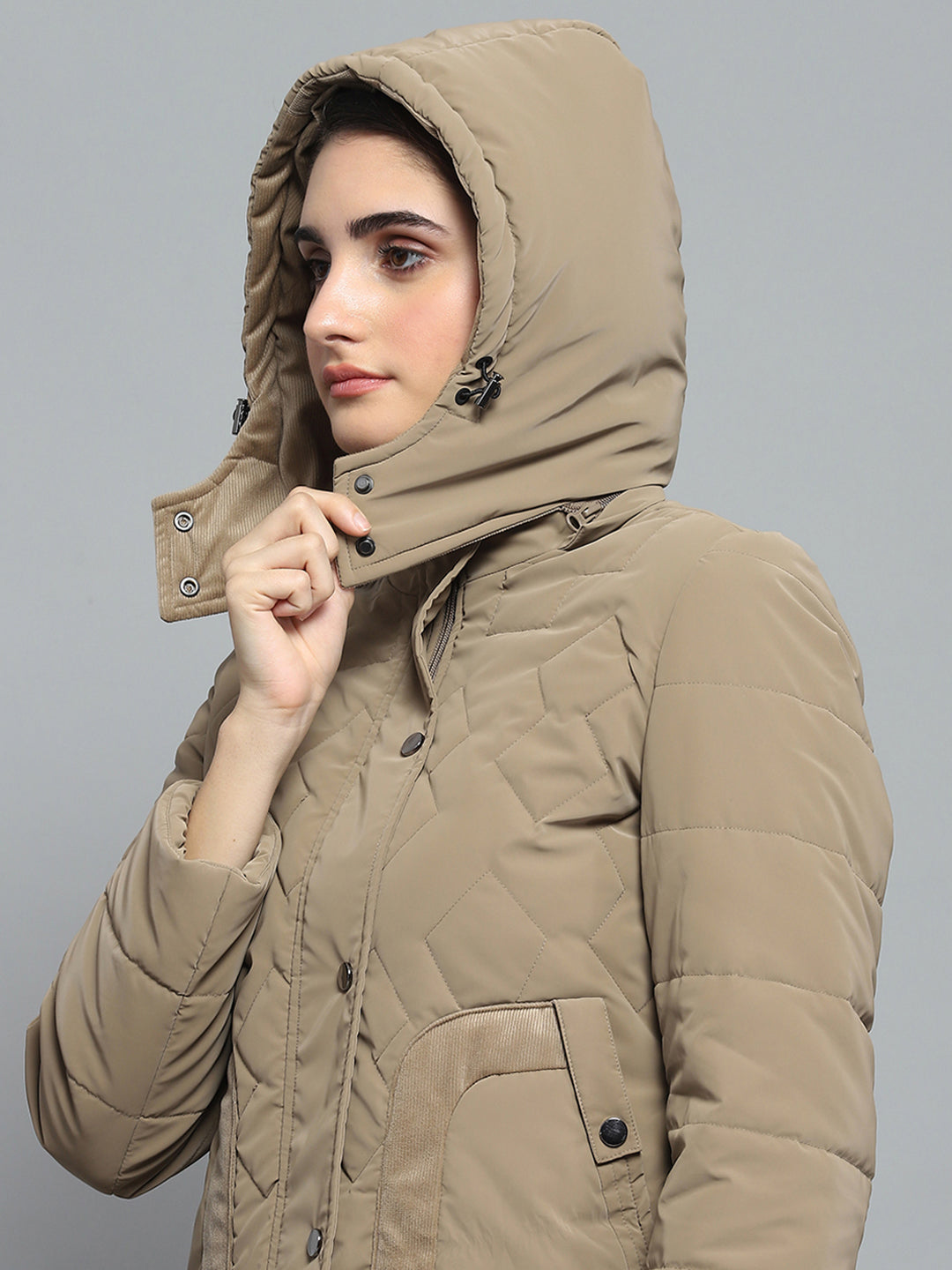 Women Khaki Solid Detachable Hood Full Sleeve Jacket