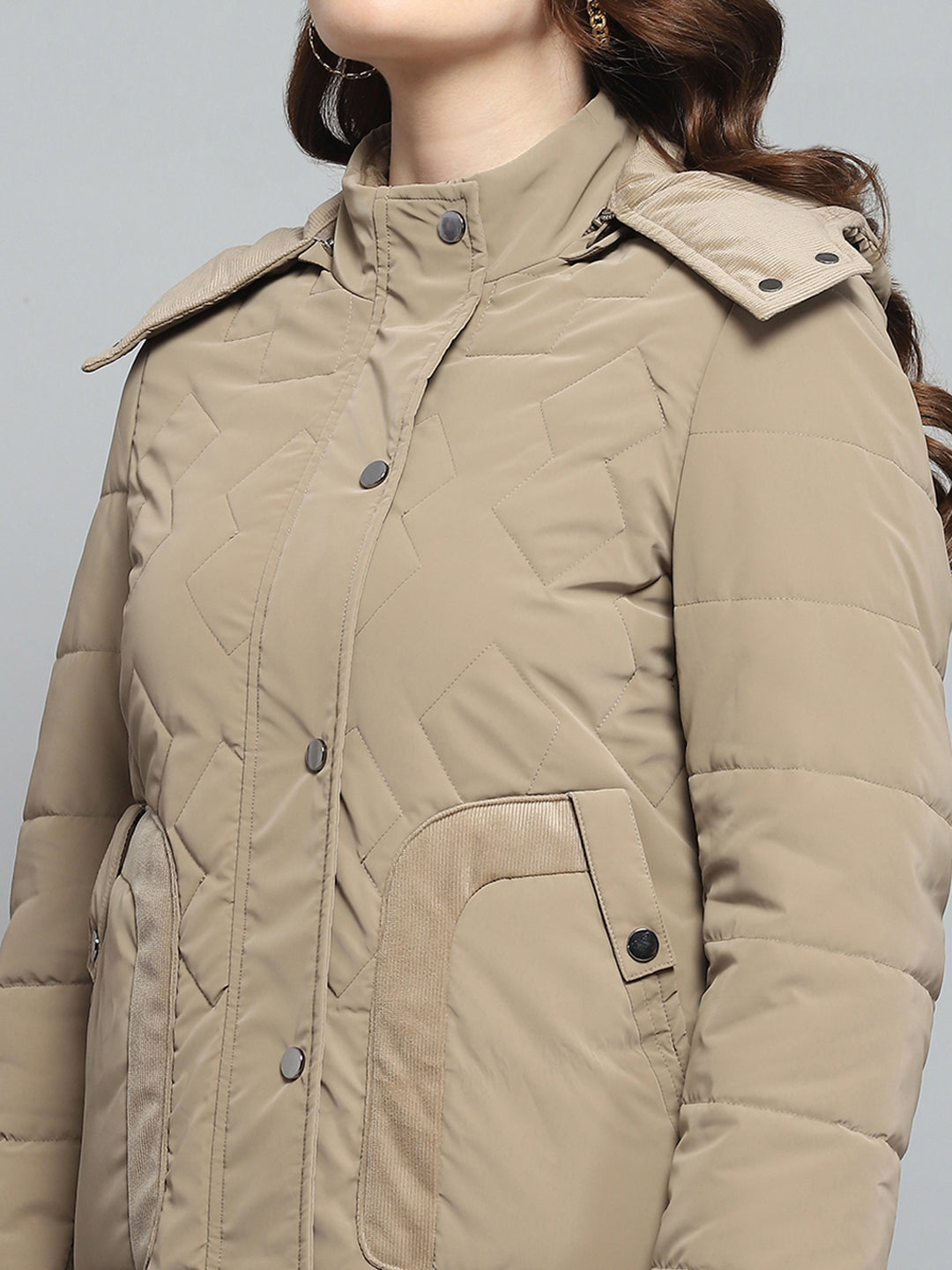 Women Khaki Solid Detachable Hood Full Sleeve Jacket