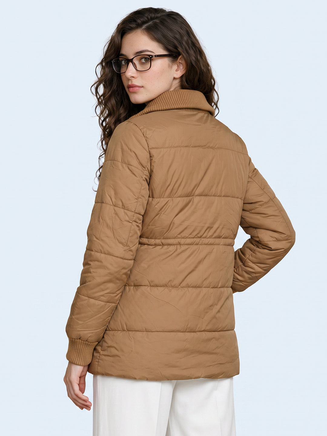 Women Khaki Solid High Neck Full Sleeve Jacket
