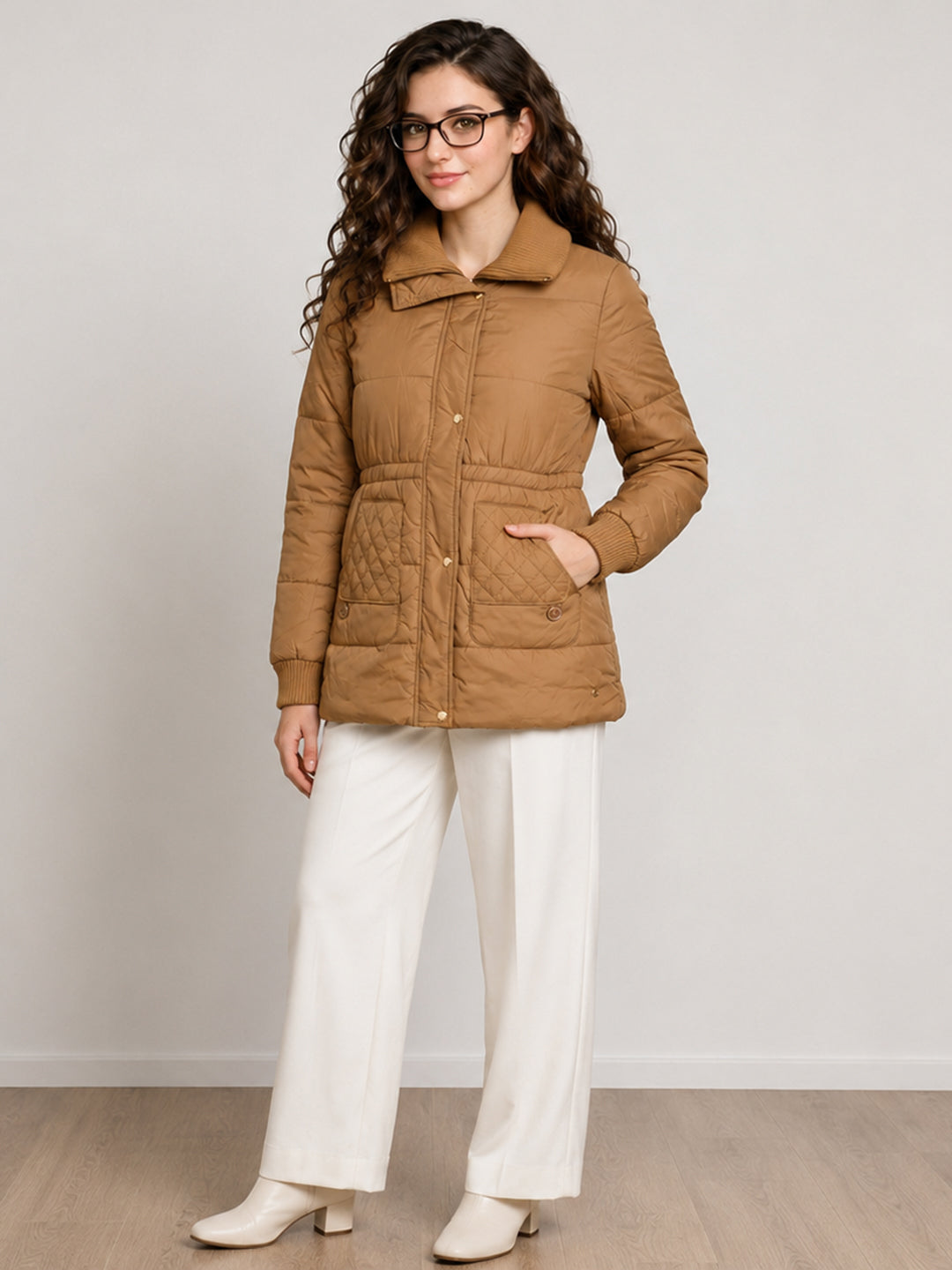 Women Khaki Solid High Neck Full Sleeve Jacket