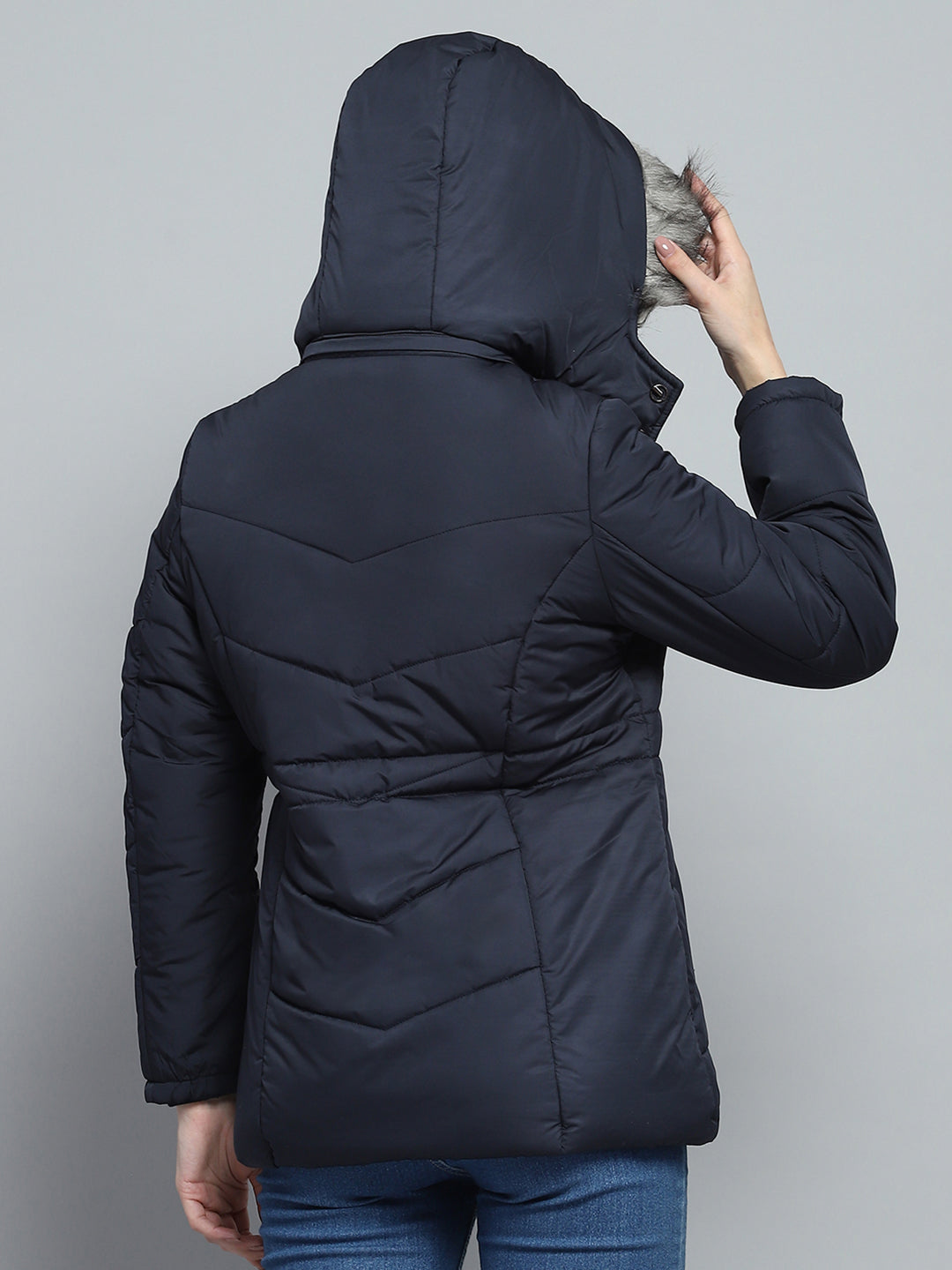 Women Navy Blue Self Design Detachable Hood Full Sleeve Jacket