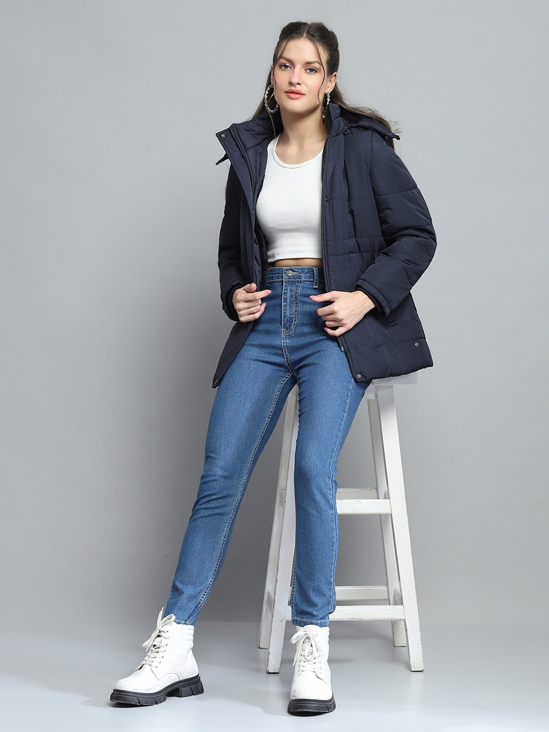 Women Navy Blue Self Design Detachable Hood Full Sleeve Jacket
