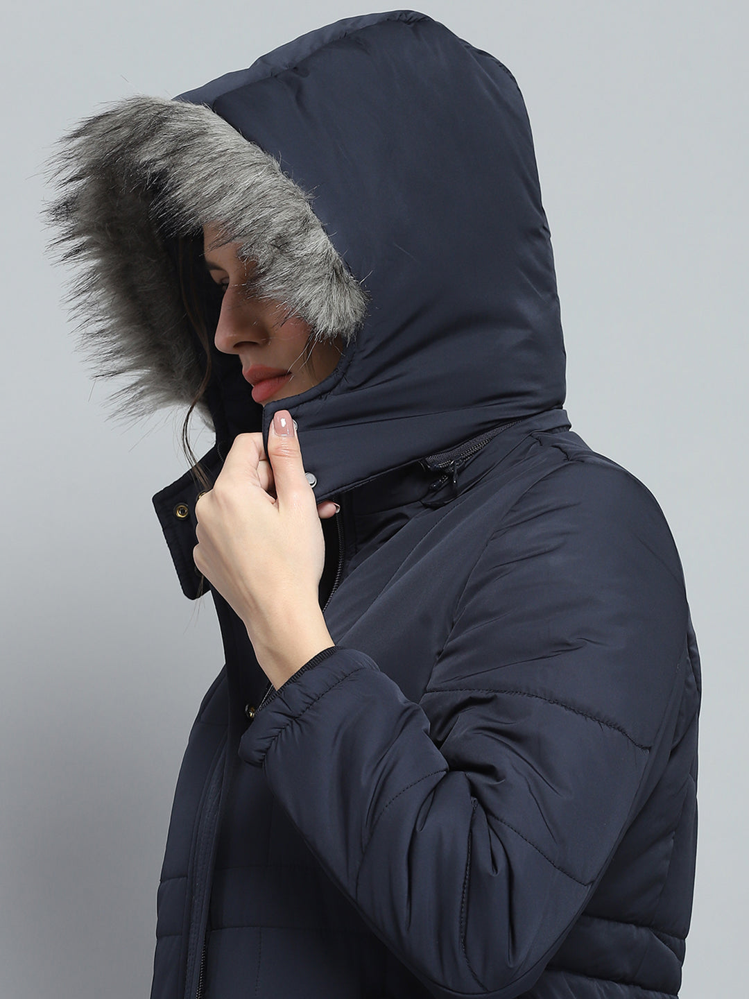 Women Navy Blue Self Design Detachable Hood Full Sleeve Jacket