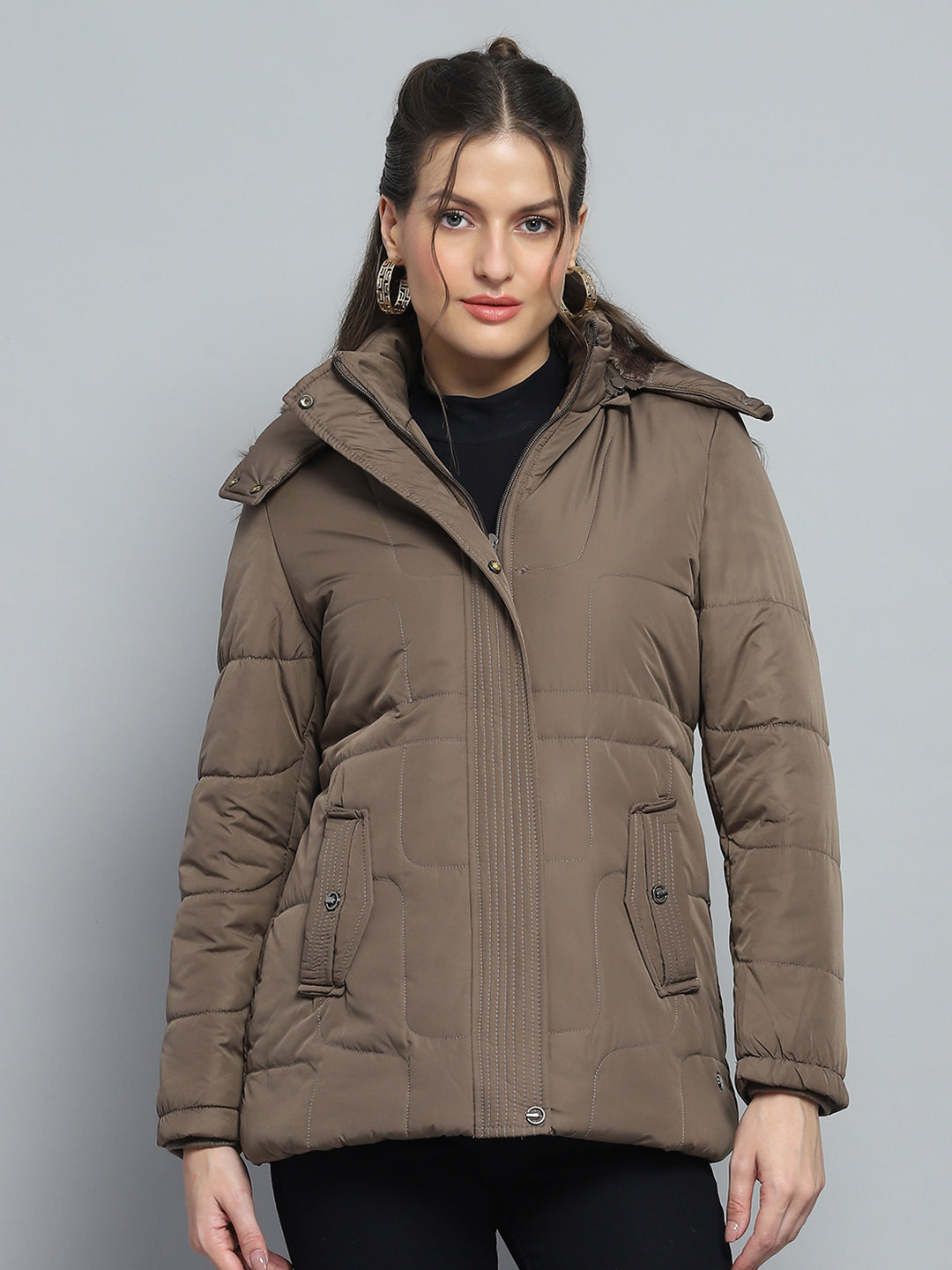 Women Brown Self Design Detachable Hood Full Sleeve Jacket