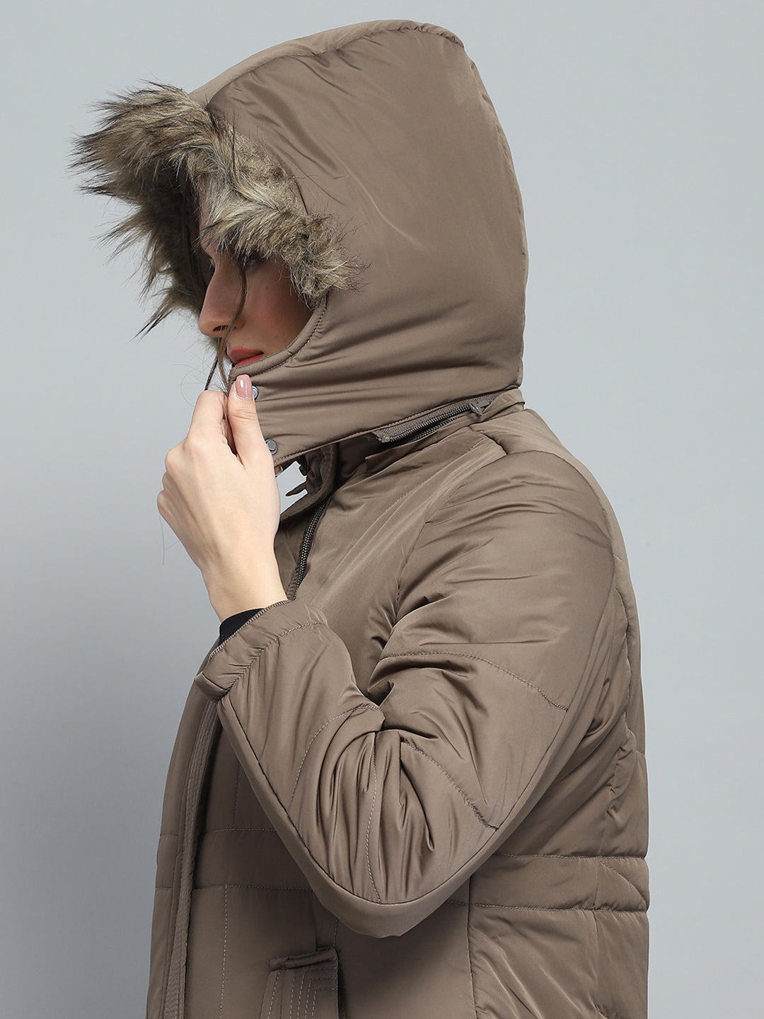 Women Brown Self Design Detachable Hood Full Sleeve Jacket