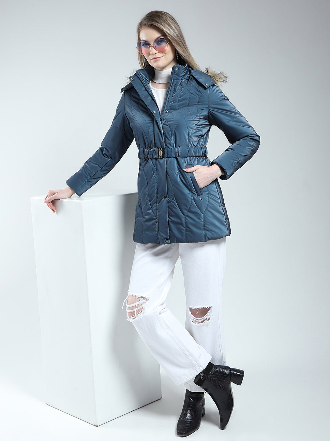 Women Blue Printed Detachable Hood Full Sleeve Jacket