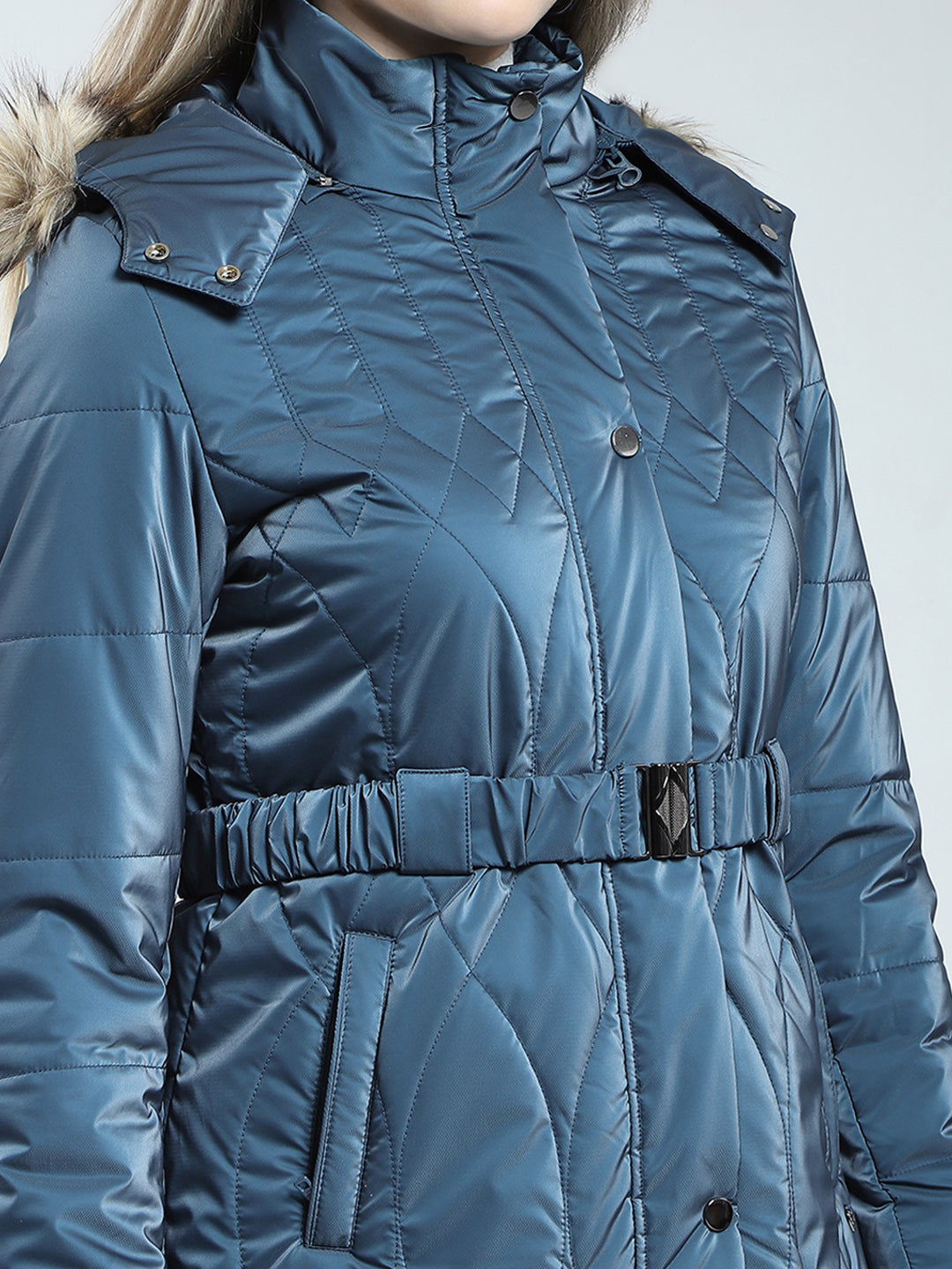 Women Blue Printed Detachable Hood Full Sleeve Jacket