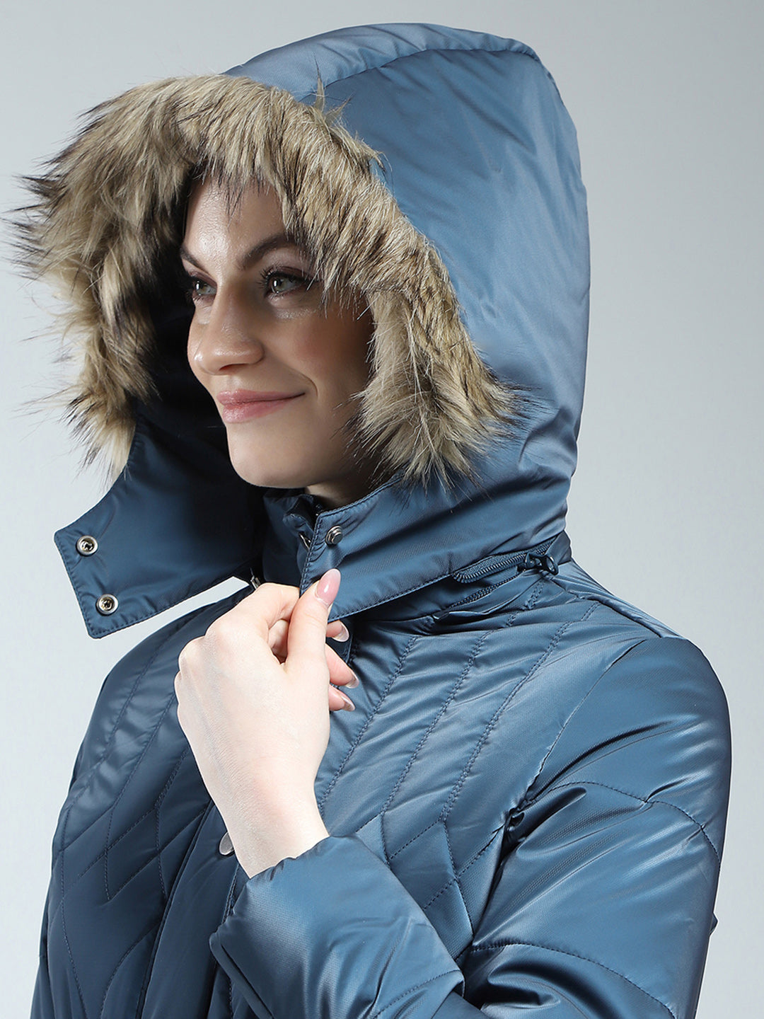 Women Blue Printed Detachable Hood Full Sleeve Jacket