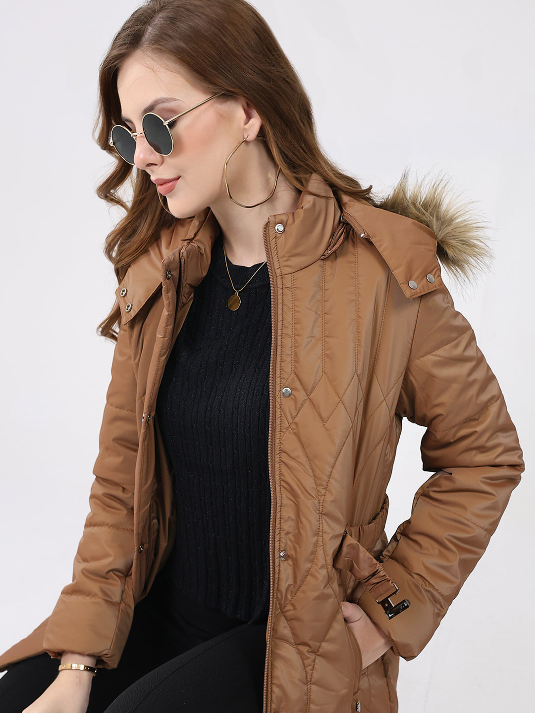 Women Khaki Solid Hooded Full Sleeve Jacket