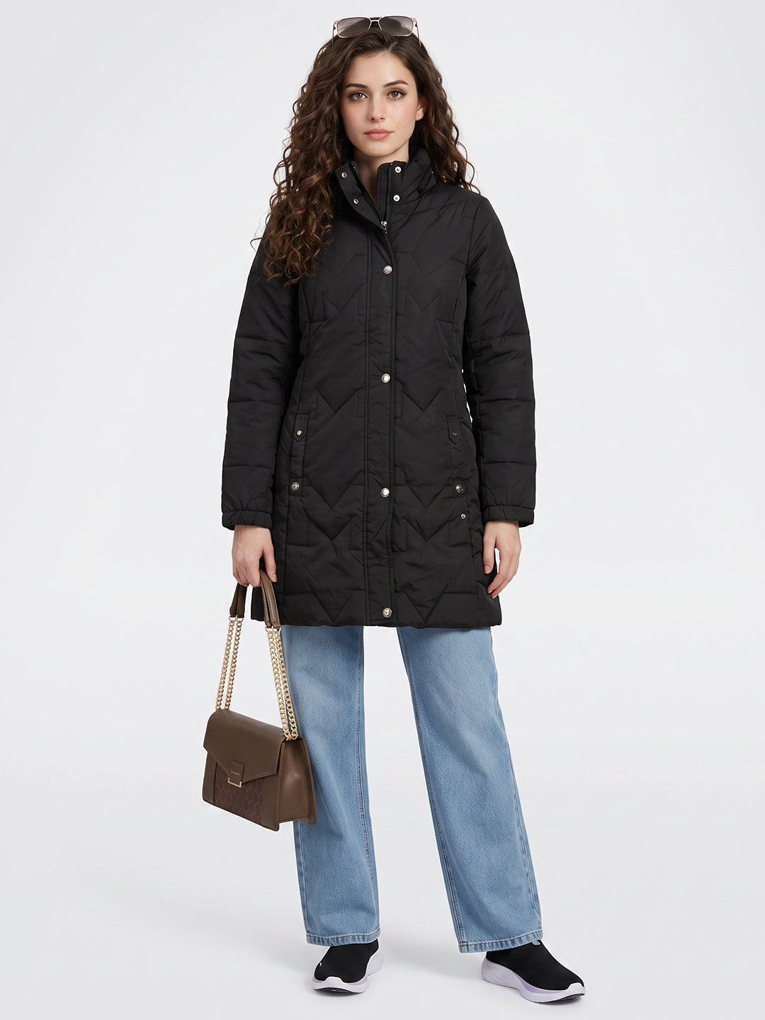 Women Black Solid Stand Collar Full Sleeve Long Puffer Jacket