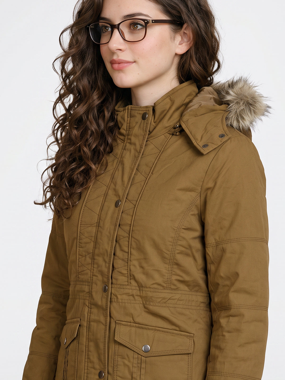 Women Maroon Solid Detachable Hood Full Sleeve Padded Jacket