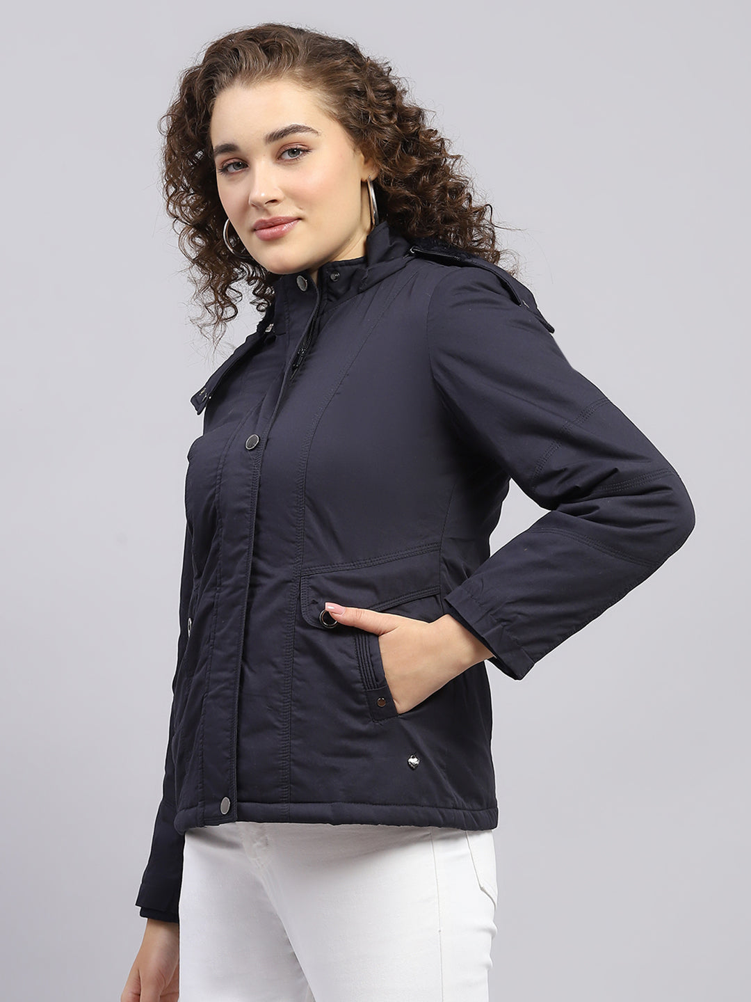 Women Navy Blue Solid Hooded Full Sleeve Jacket