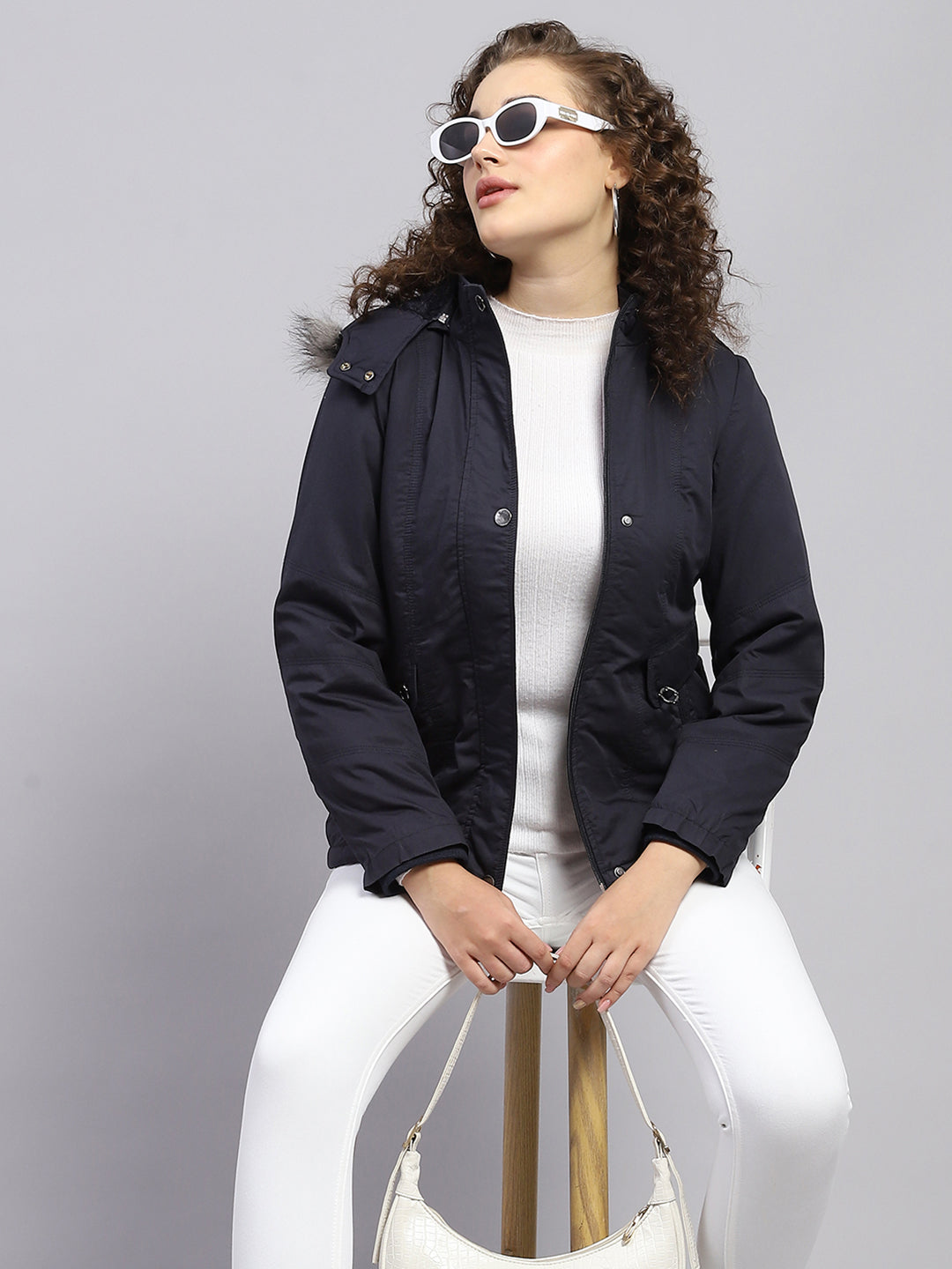 Women Navy Blue Solid Hooded Full Sleeve Jacket