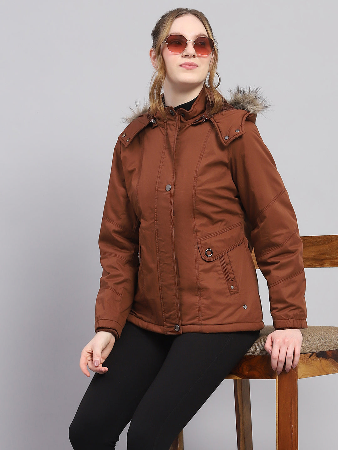 Women Brown Solid Hooded Full Sleeve Puffer Jacket