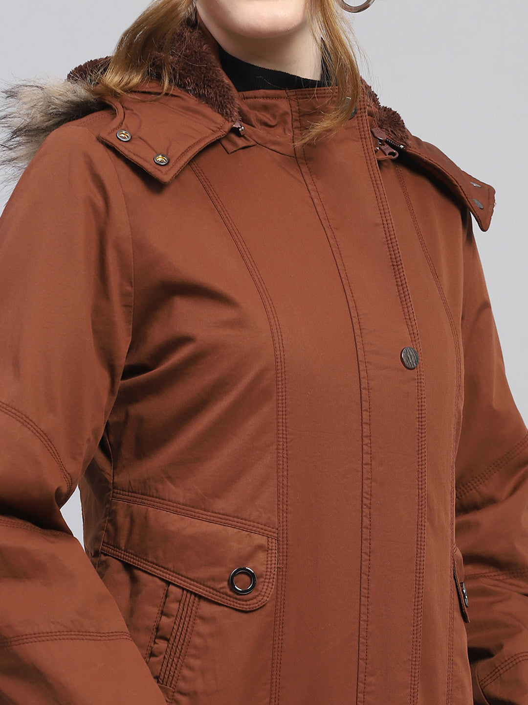 Women Brown Solid Hooded Full Sleeve Puffer Jacket
