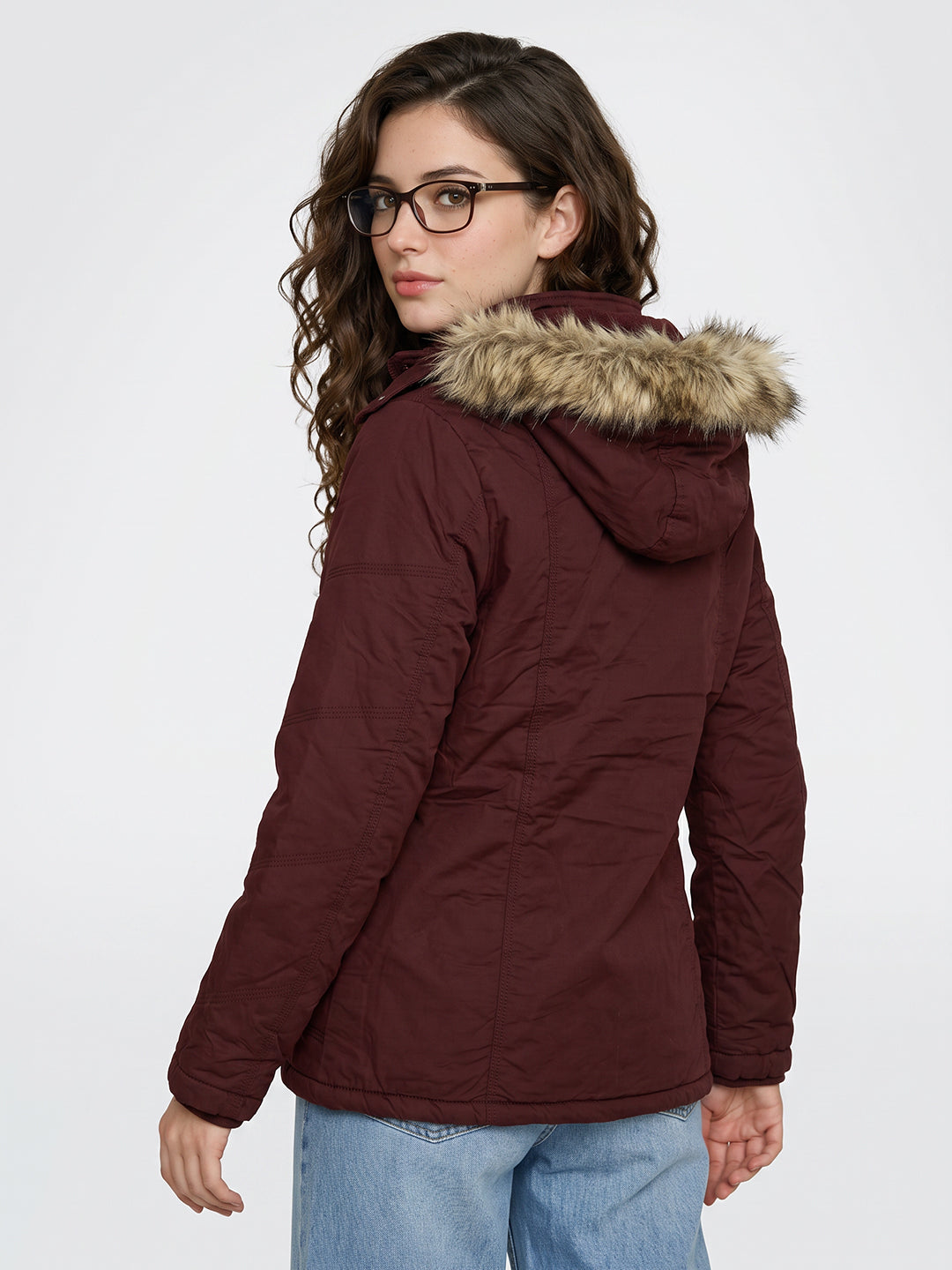 Women Maroon Solid Detachable Hood Full Sleeve Jacket