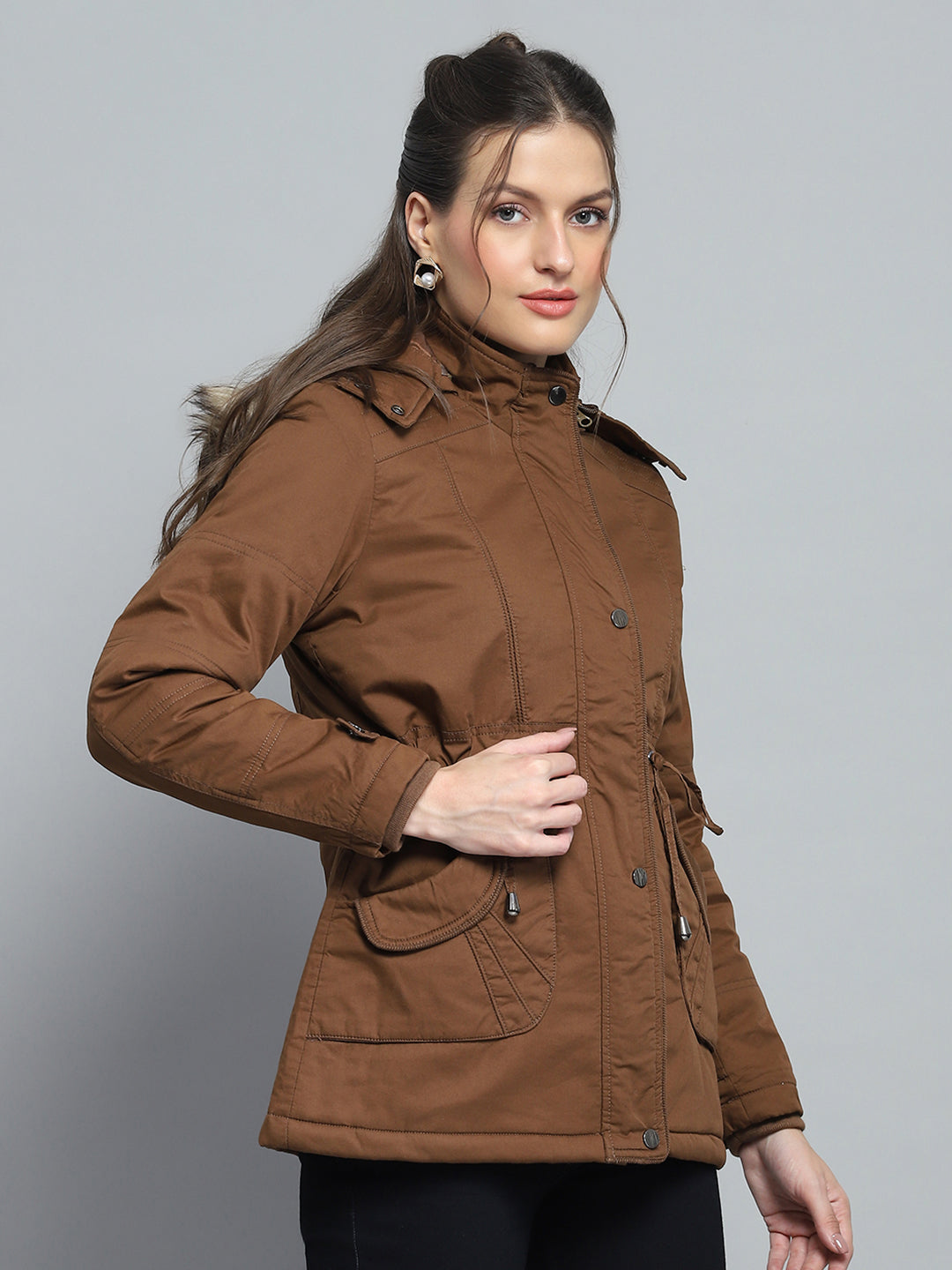 Women Brown Self Design Detachable Hood Full Sleeve Jacket